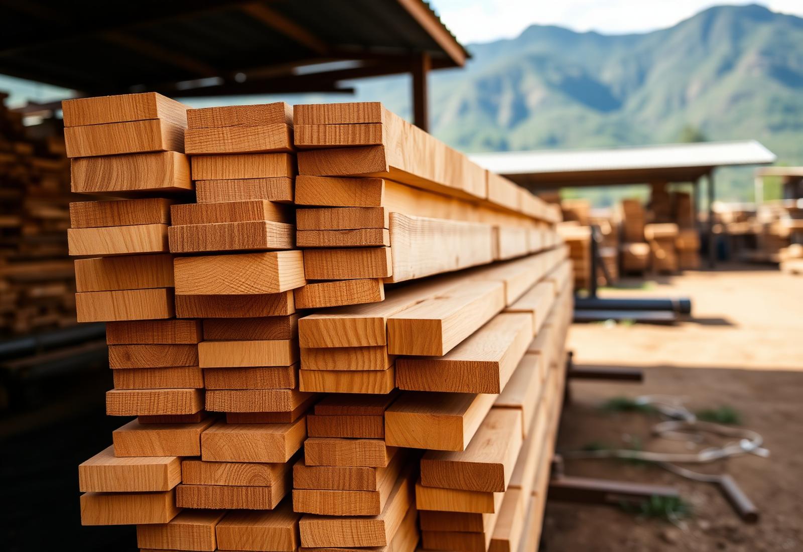 Stacked Colombian teak logs at the sawmill